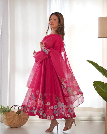 Floral Printed Organza Anarkali Suit for Festive Party Wear