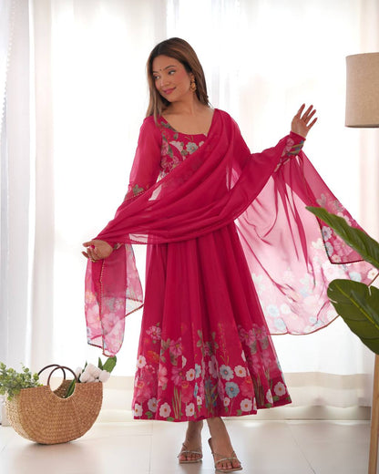 Floral Printed Organza Anarkali Suit for Festive Party Wear
