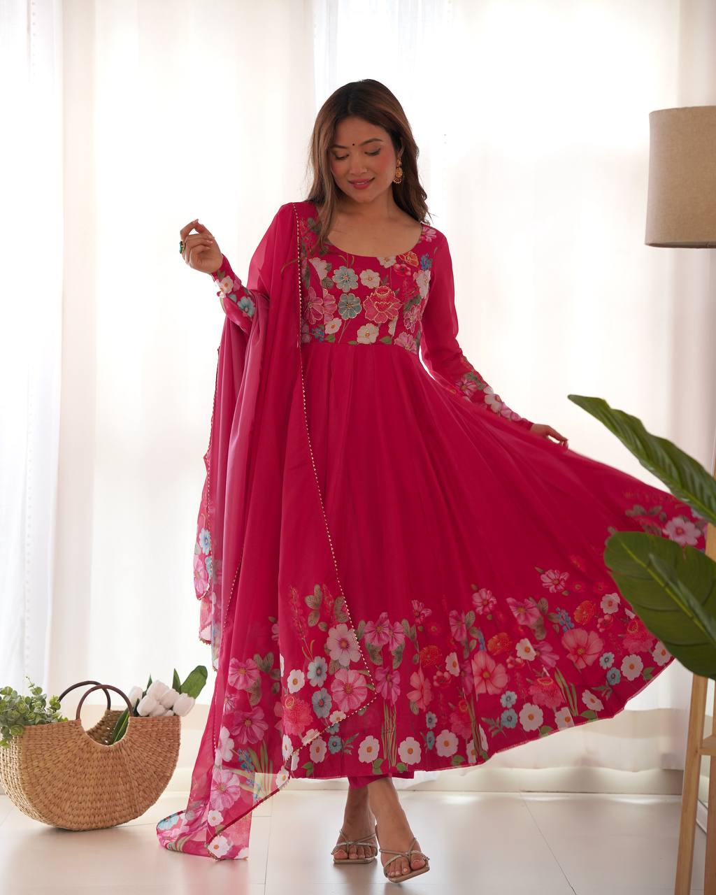Floral Printed Organza Anarkali Suit for Festive Party Wear
