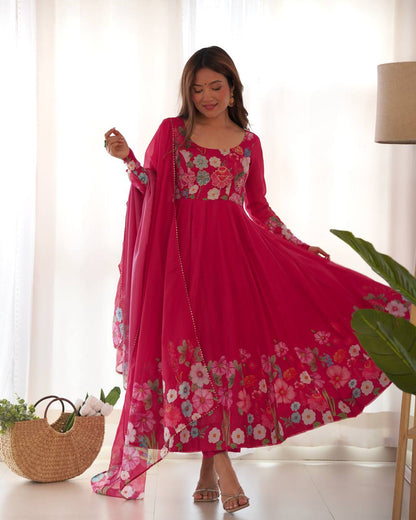 Floral Printed Organza Anarkali Suit for Festive Party Wear