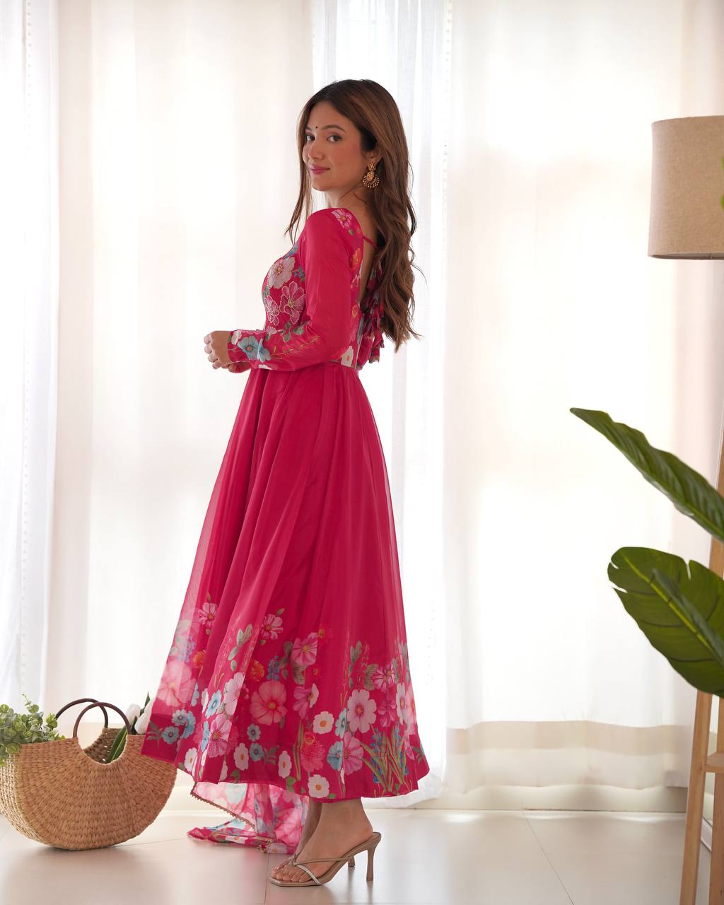 Floral Printed Organza Anarkali Suit for Festive Party Wear