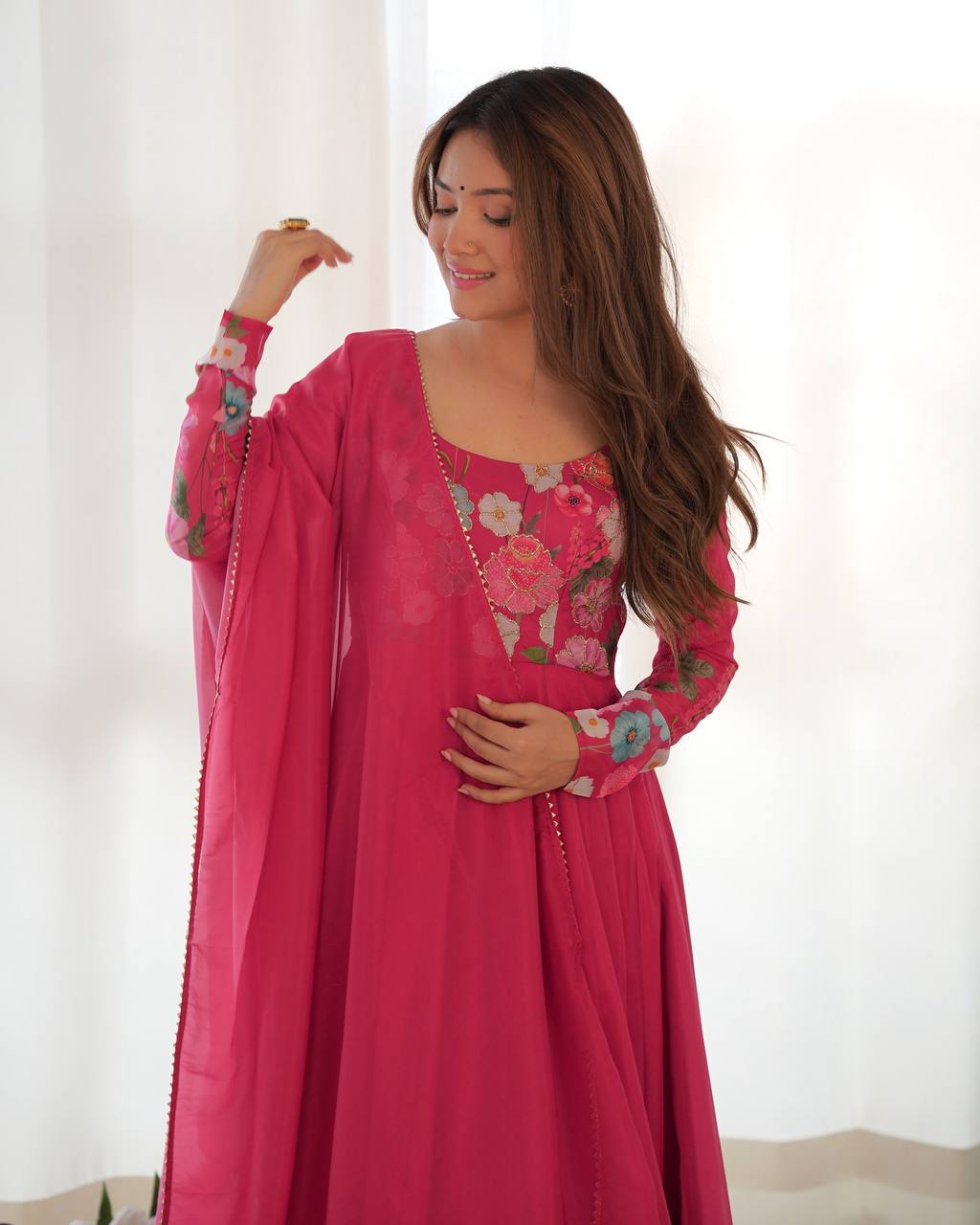 Floral Printed Organza Anarkali Suit for Festive Party Wear
