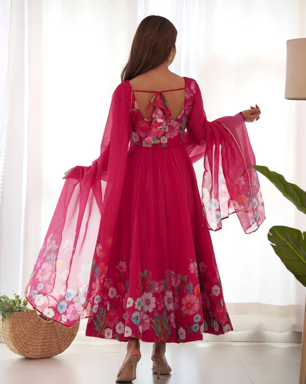 Floral Printed Organza Anarkali Suit for Festive Party Wear