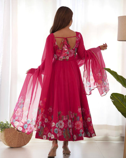 Floral Printed Organza Anarkali Suit for Festive Party Wear