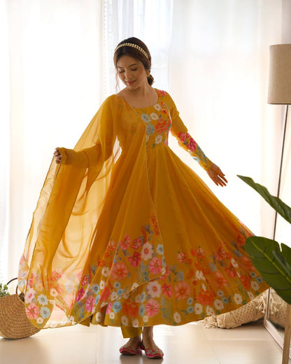 Floral Printed Organza Anarkali Suit for Festive Party Wear