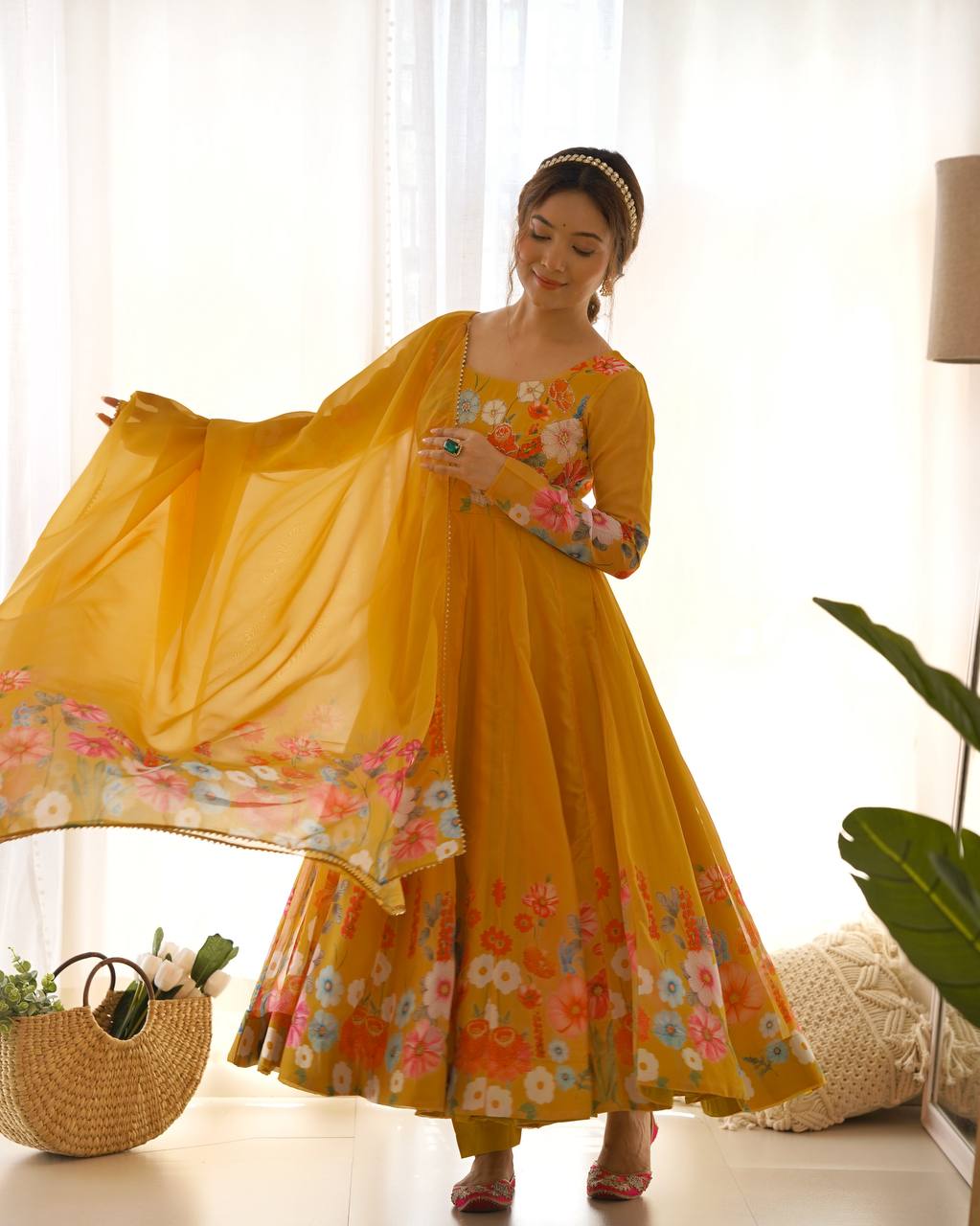 Floral Printed Organza Anarkali Suit for Festive Party Wear