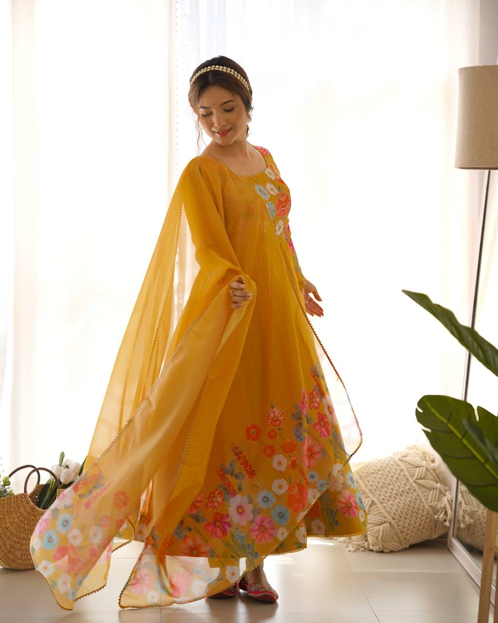 Floral Printed Organza Anarkali Suit for Festive Party Wear
