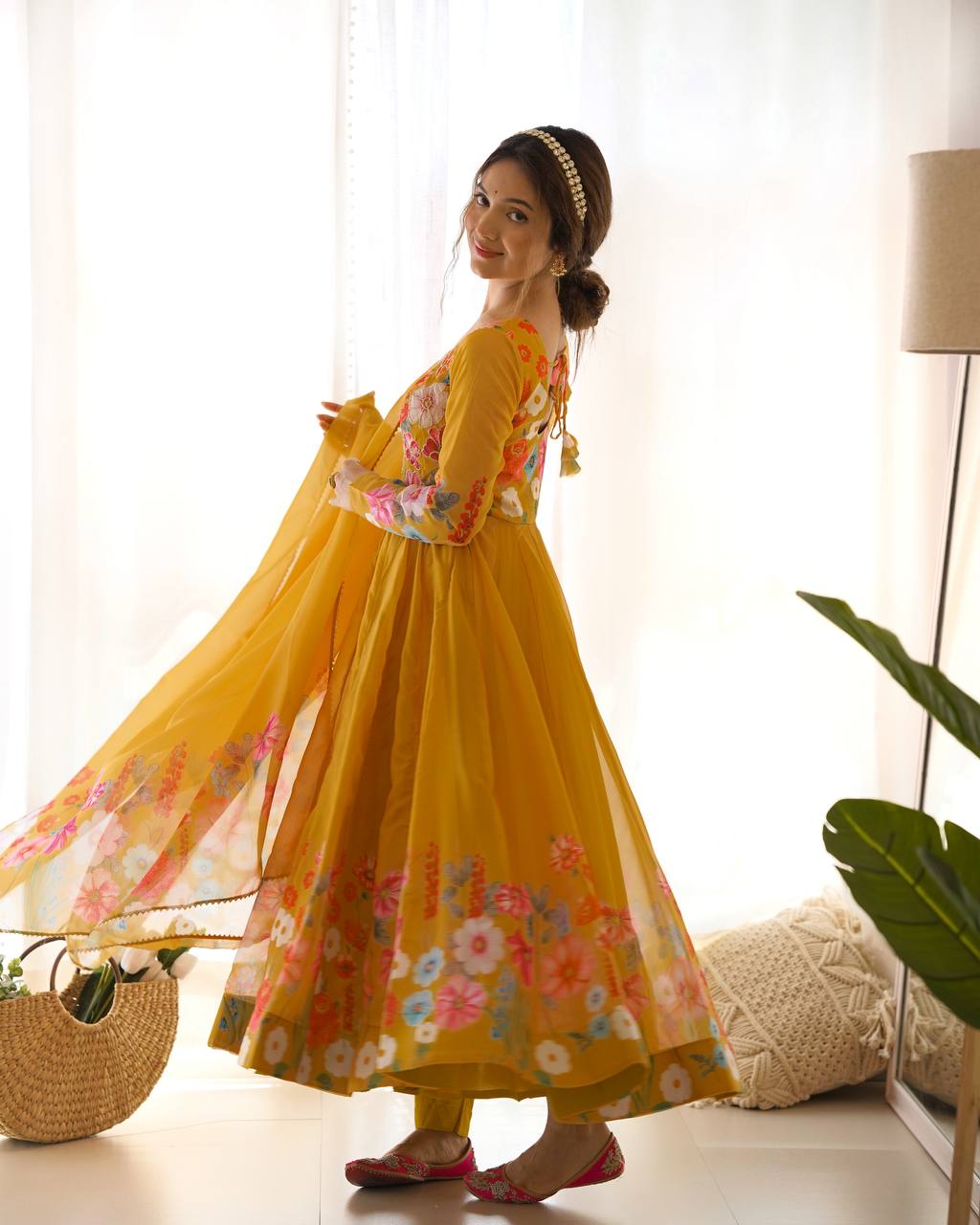 Floral Printed Organza Anarkali Suit for Festive Party Wear