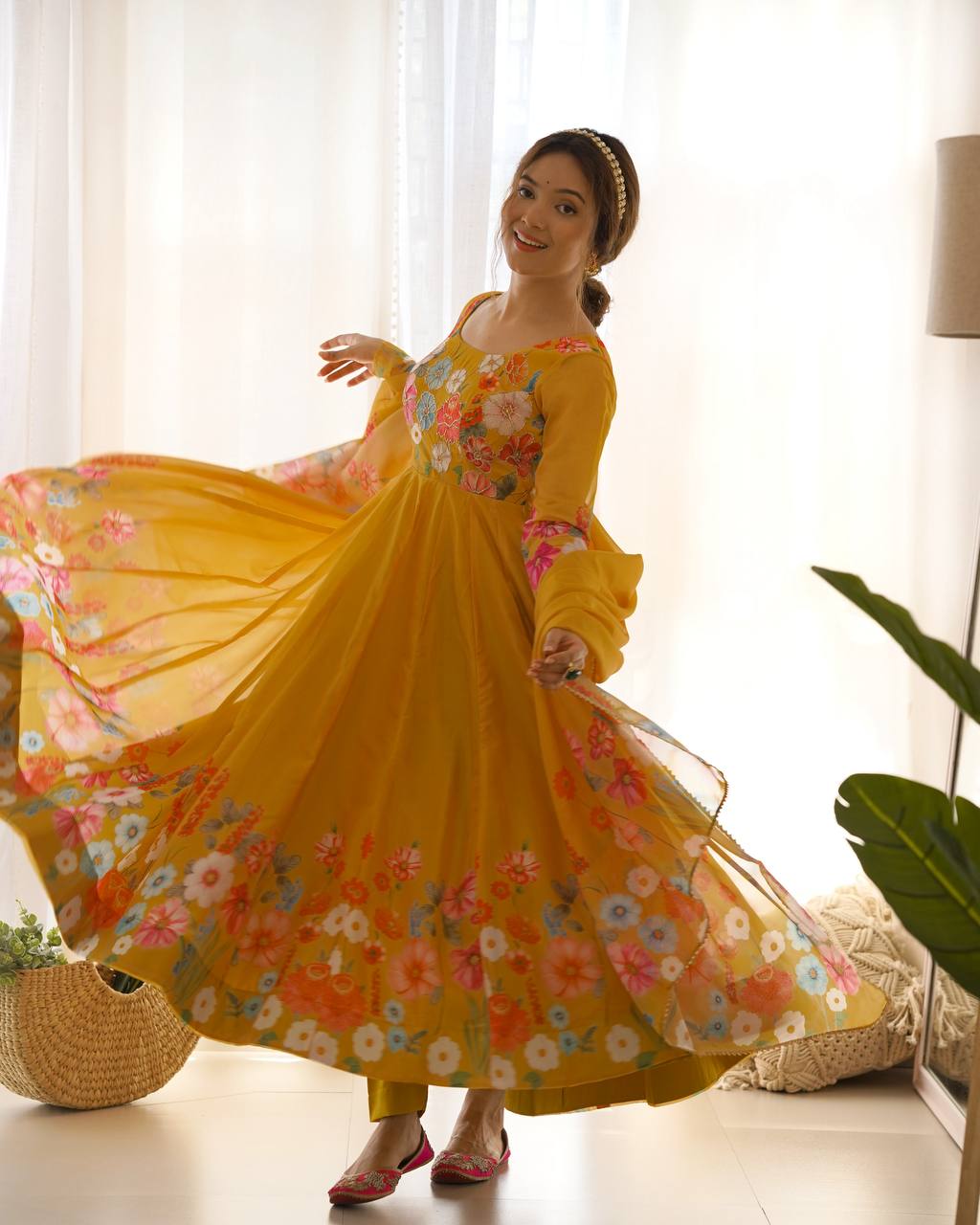 Floral Printed Organza Anarkali Suit for Festive Party Wear