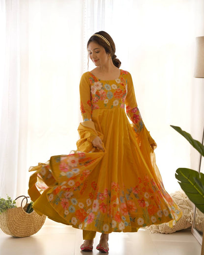 Floral Printed Organza Anarkali Suit for Festive Party Wear
