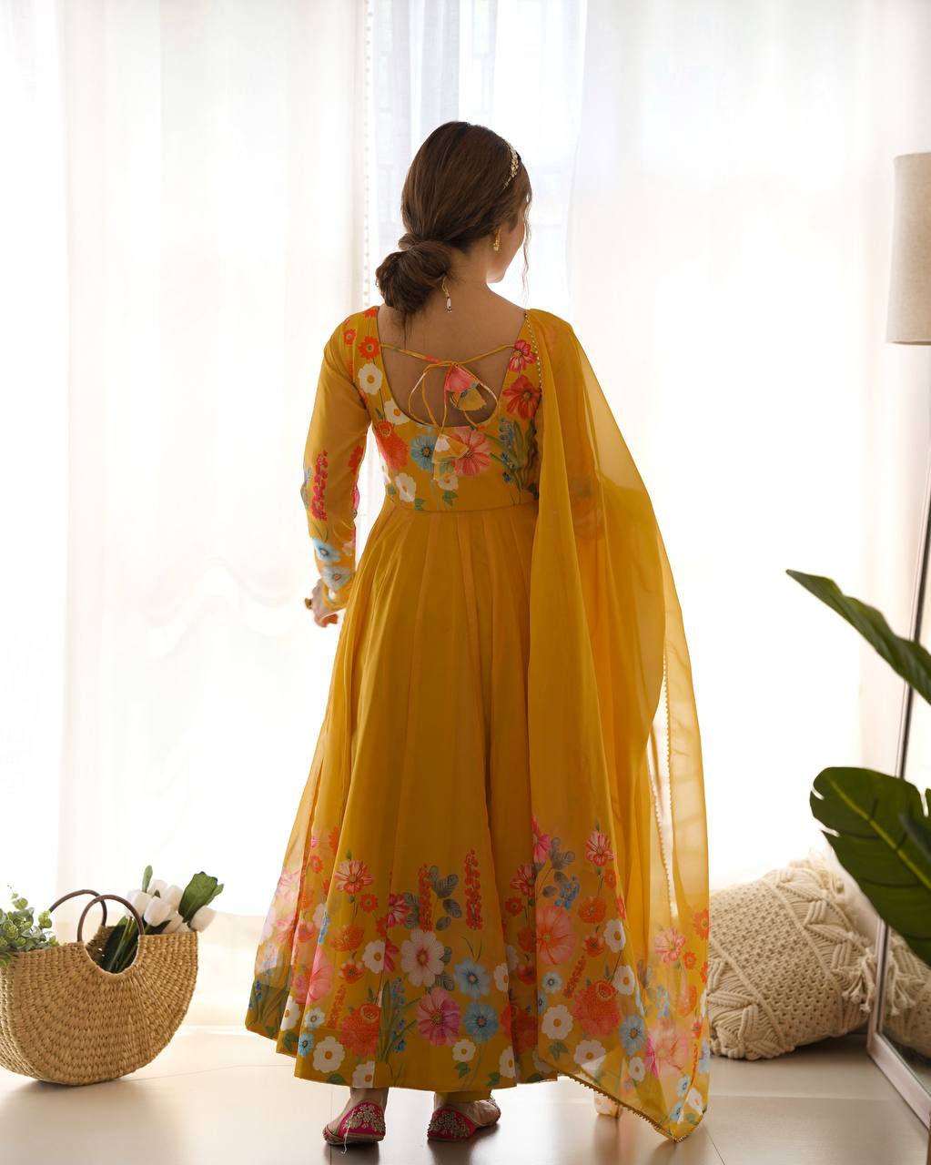 Floral Printed Organza Anarkali Suit for Festive Party Wear