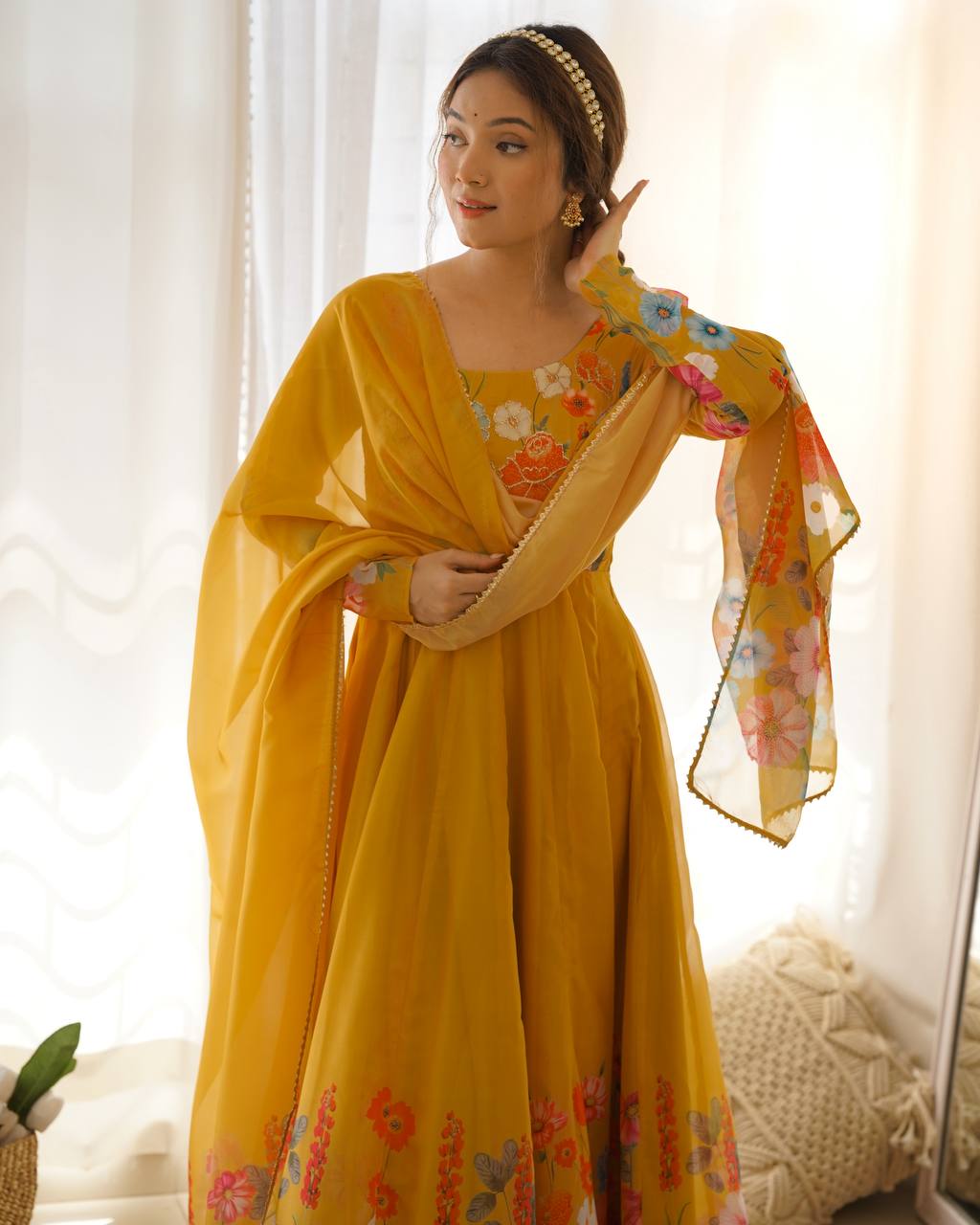 Floral Printed Organza Anarkali Suit for Festive Party Wear