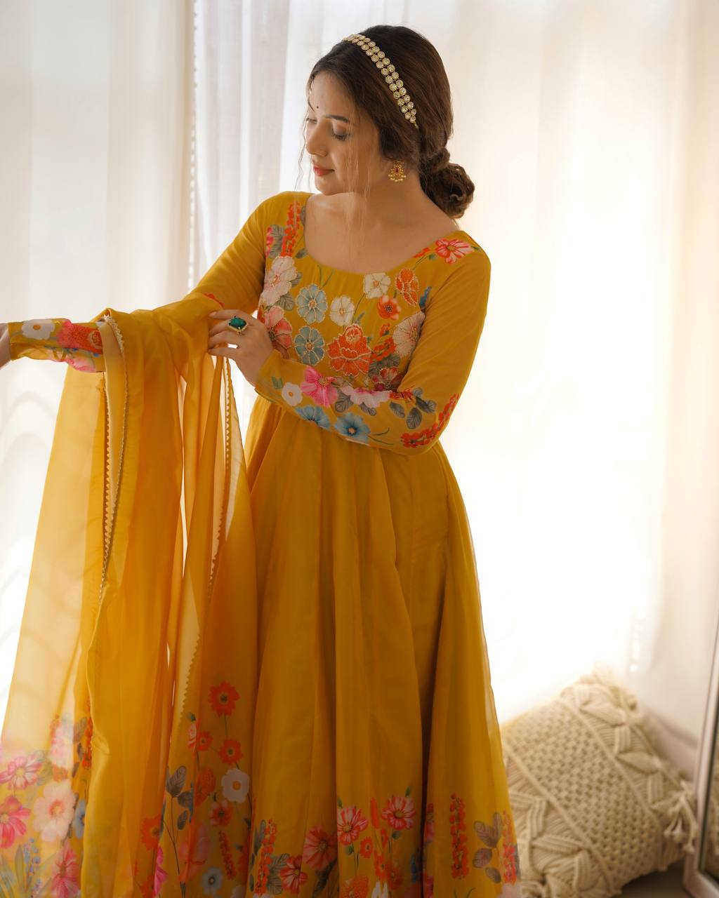 Floral Printed Organza Anarkali Suit for Festive Party Wear