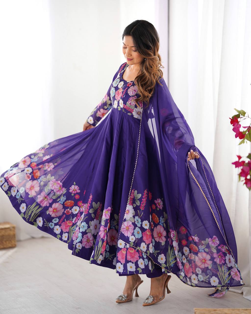 Floral Printed Organza Anarkali Suit for Festive Party Wear