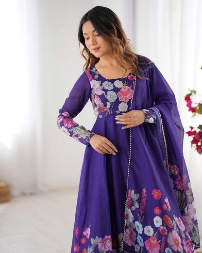 Floral Printed Organza Anarkali Suit for Festive Party Wear