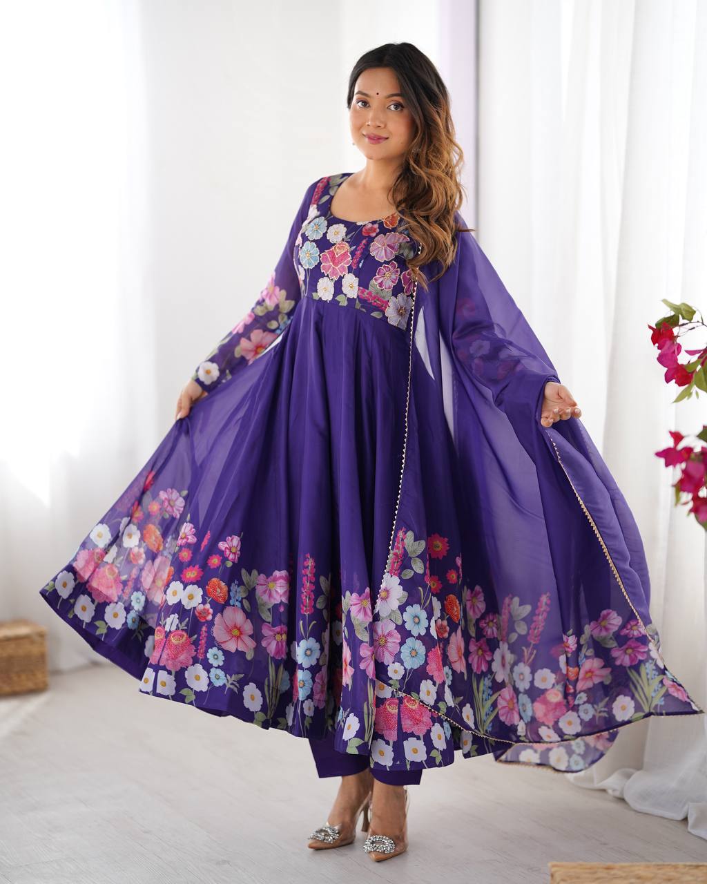 Floral Printed Organza Anarkali Suit for Festive Party Wear