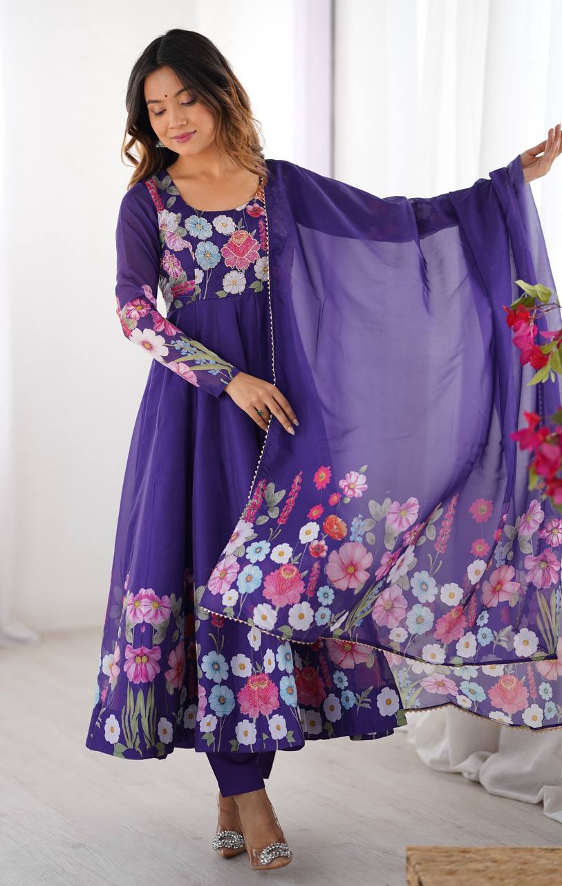 Floral Printed Organza Anarkali Suit for Festive Party Wear