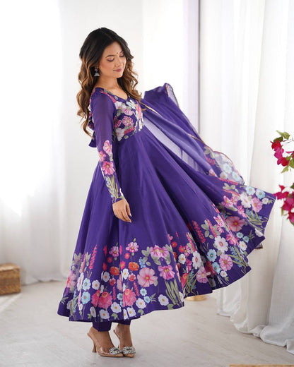 Floral Printed Organza Anarkali Suit for Festive Party Wear