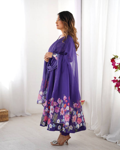Floral Printed Organza Anarkali Suit for Festive Party Wear