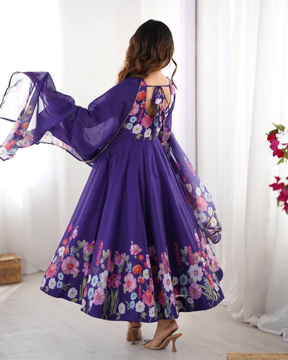 Floral Printed Organza Anarkali Suit for Festive Party Wear