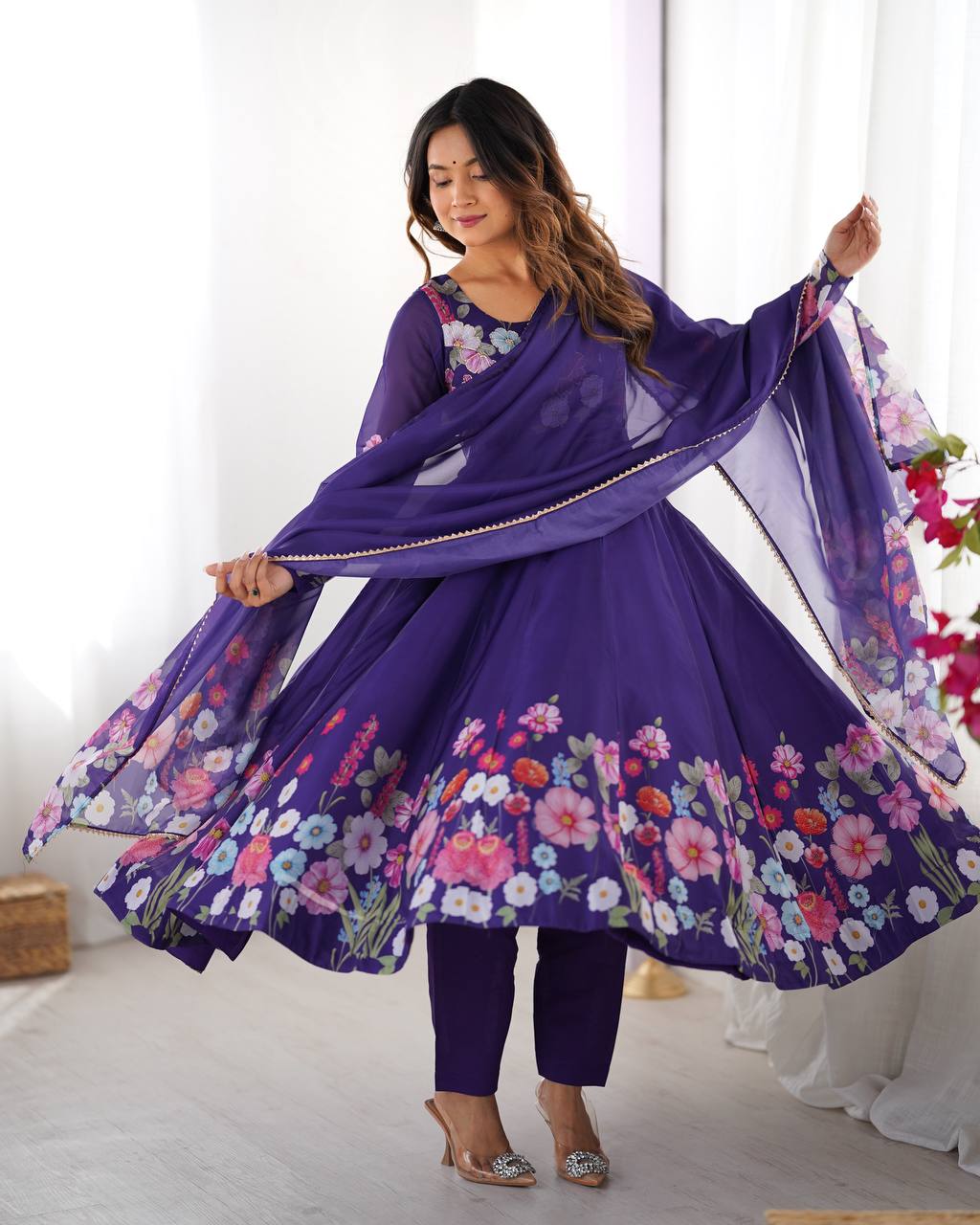 Floral Printed Organza Anarkali Suit for Festive Party Wear