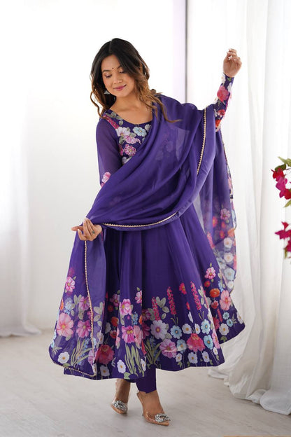 Floral Printed Organza Anarkali Suit for Festive Party Wear