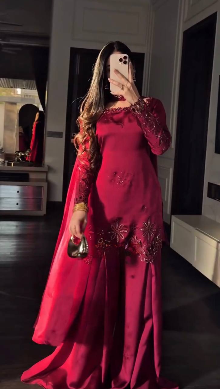 Red Fendy Silk Embroidered Kurta Palazzo Set with Dupatta