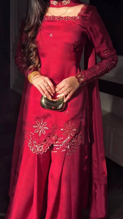 Red Fendy Silk Embroidered Kurta Palazzo Set with Dupatta