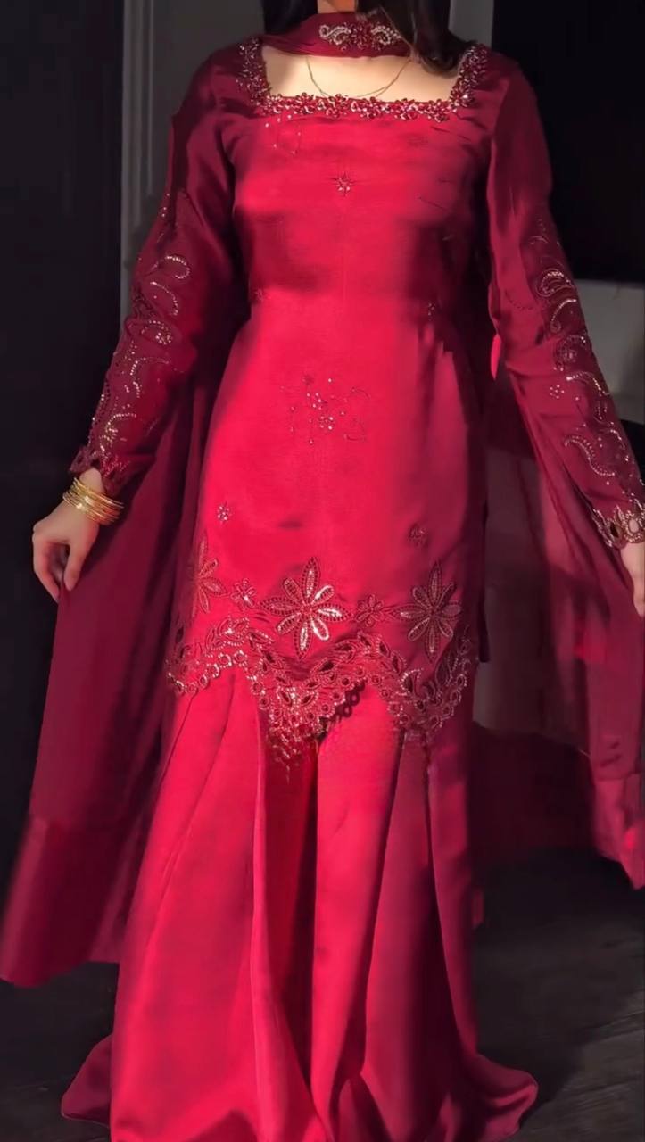 Red Fendy Silk Embroidered Kurta Palazzo Set with Dupatta