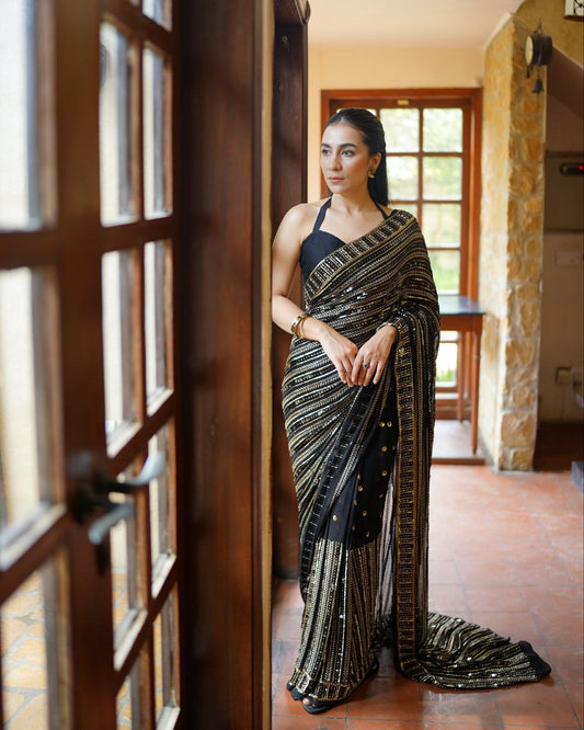 Black and Gold Party Wear Georgette Saree with Sequins Embroidery