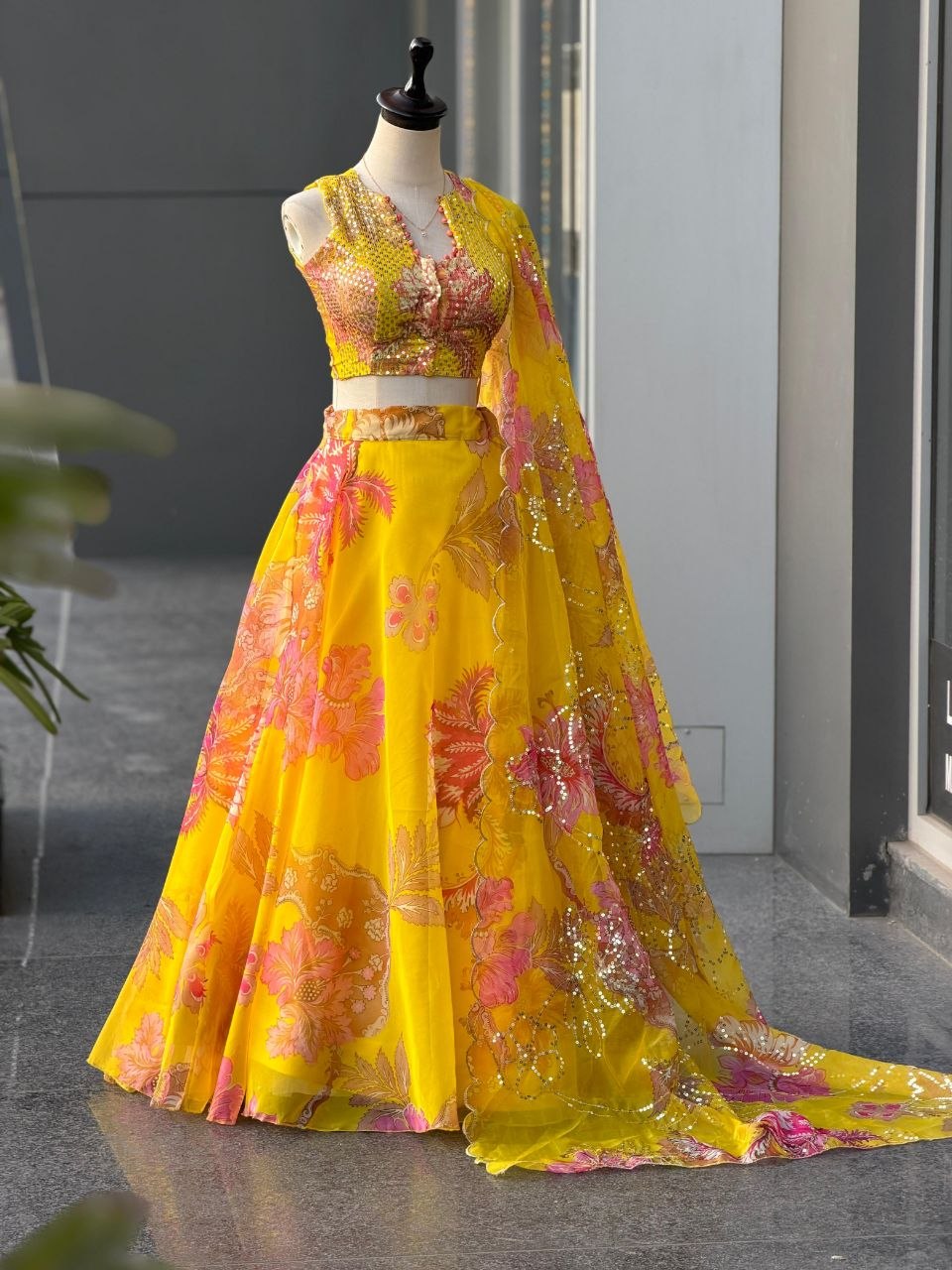 Yellow Organza Floral Lehenga Choli Party Wear Suit