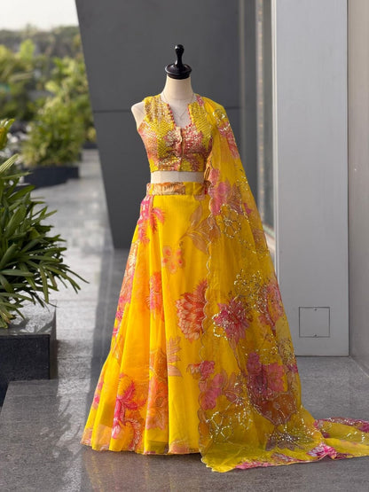 Yellow Organza Floral Lehenga Choli Party Wear Suit