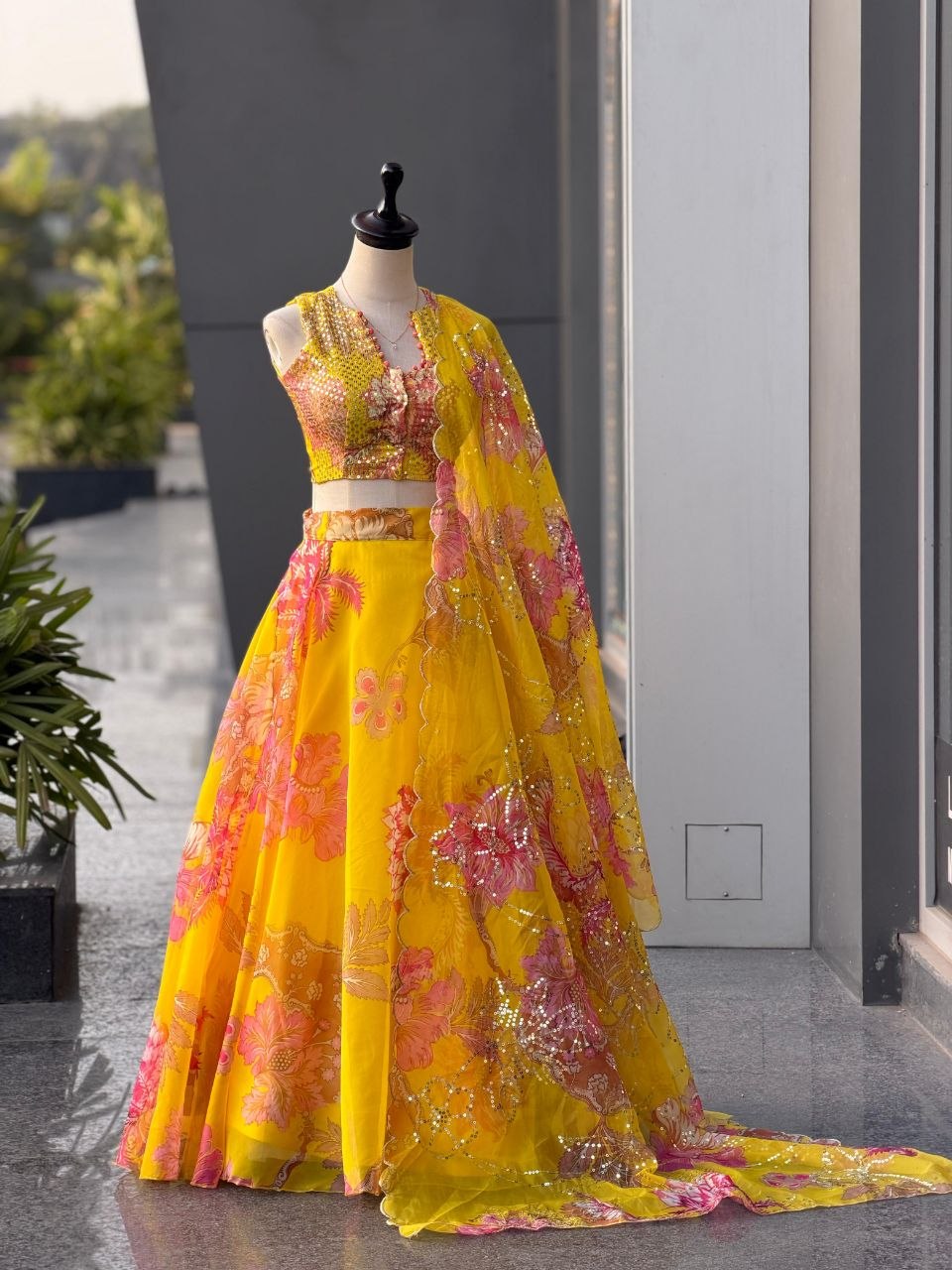 Yellow Organza Floral Lehenga Choli Party Wear Suit