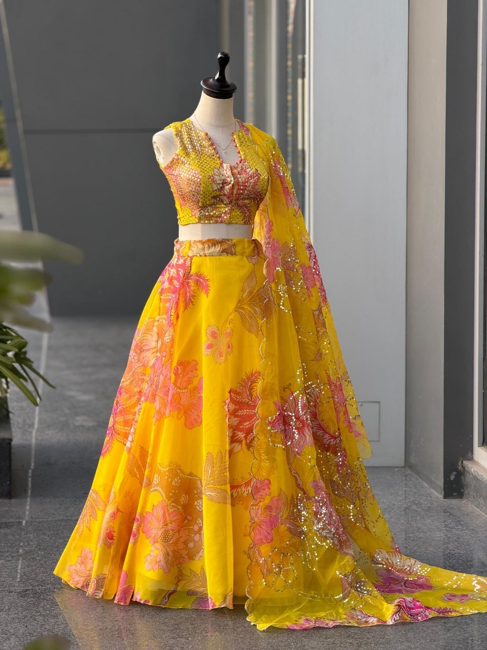 Yellow Organza Floral Lehenga Choli Party Wear Suit