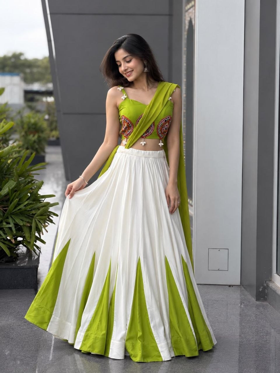 Navratri Special Green and White Lehenga Choli