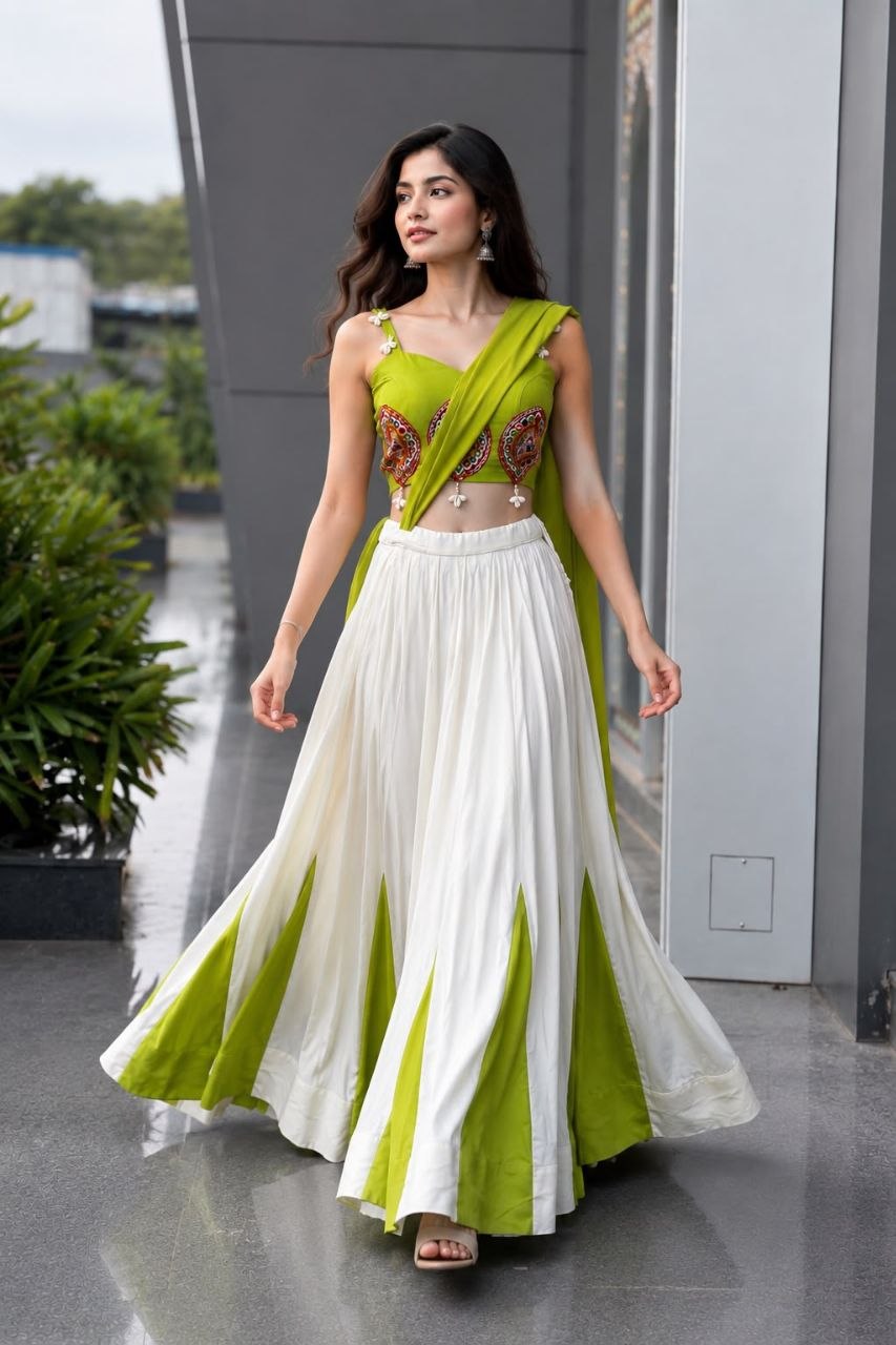 Navratri Special Green and White Lehenga Choli