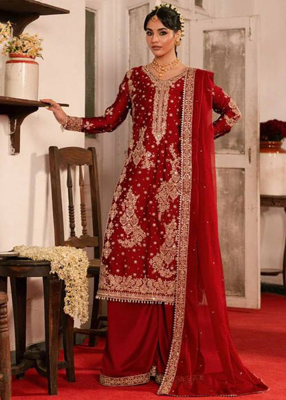 Red Roman Silk Pakistani Suit Dress - Party Wear Salwar Kameez