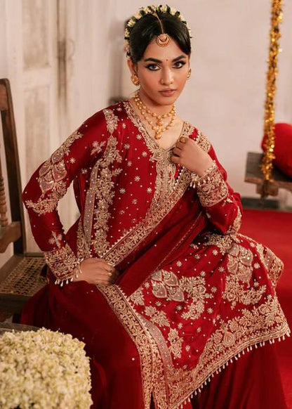 Red Roman Silk Pakistani Suit Dress - Party Wear Salwar Kameez