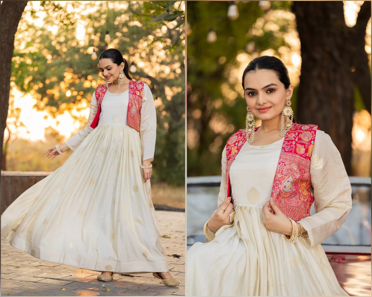 Ivory Jacquard Salwar Kameez Suit with Pink Embroidered Jacket