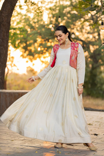 Ivory Jacquard Salwar Kameez Suit with Pink Embroidered Jacket