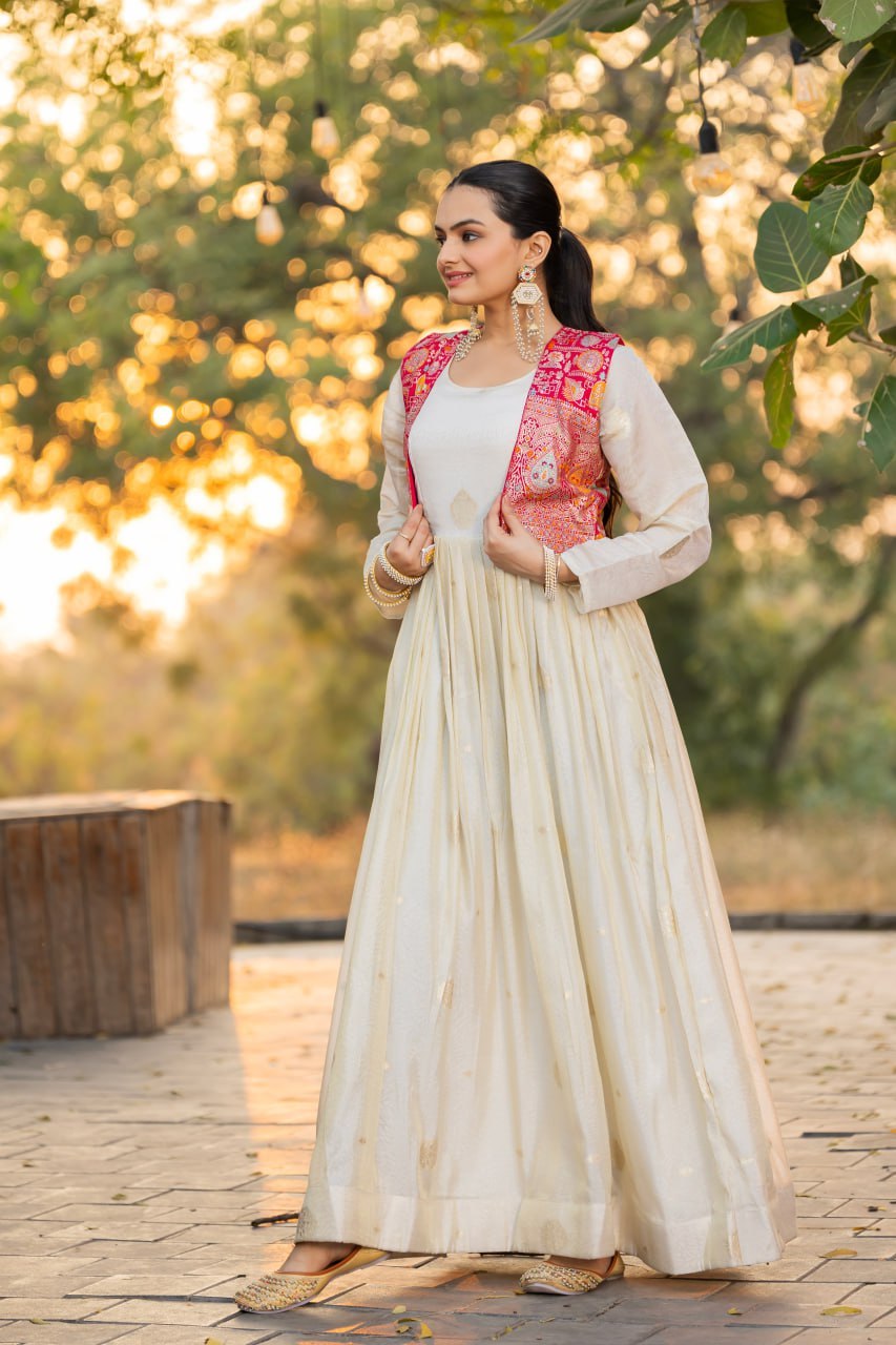 Ivory Jacquard Salwar Kameez Suit with Pink Embroidered Jacket