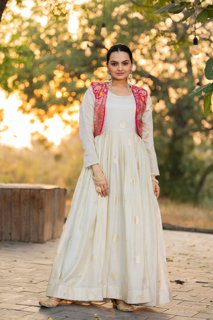 Ivory Jacquard Salwar Kameez Suit with Pink Embroidered Jacket