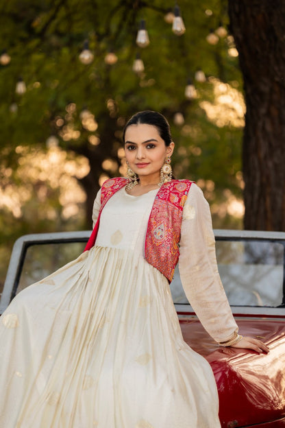Ivory Jacquard Salwar Kameez Suit with Pink Embroidered Jacket