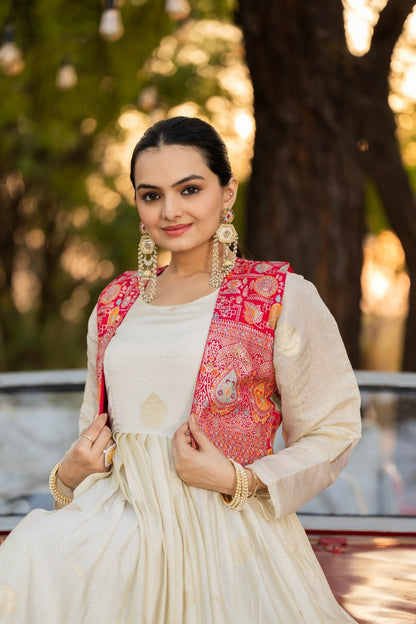 Ivory Jacquard Salwar Kameez Suit with Pink Embroidered Jacket