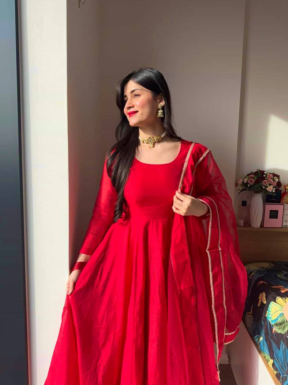 Vibrant Red Tibby Silk Anarkali Salwar Suit Party Wear for Women