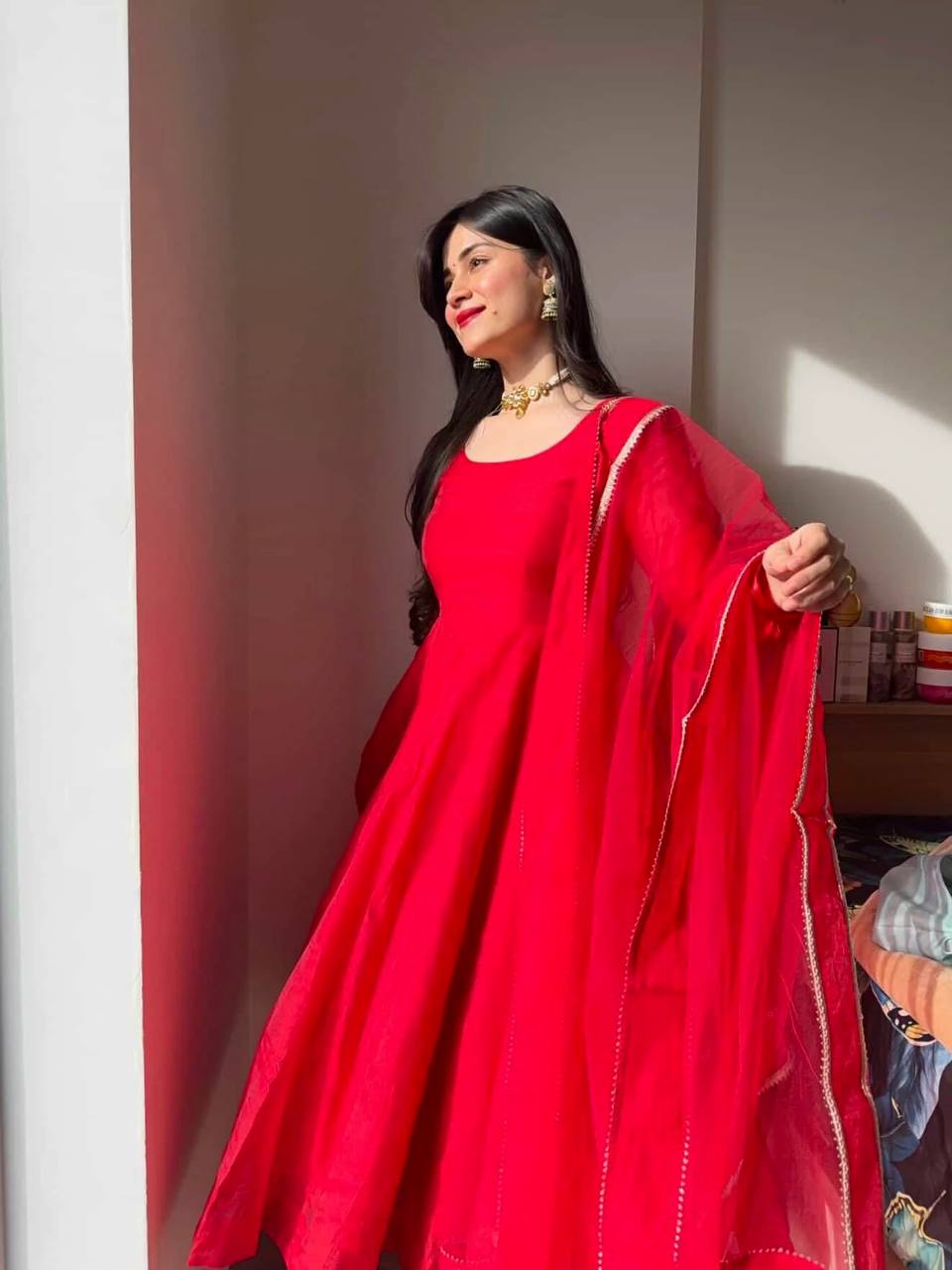 Vibrant Red Tibby Silk Anarkali Salwar Suit Party Wear for Women