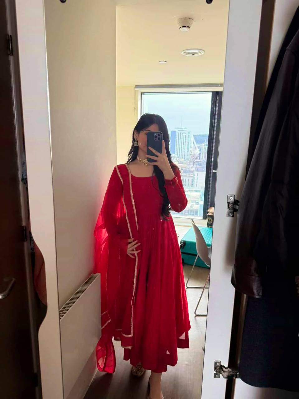 Vibrant Red Tibby Silk Anarkali Salwar Suit Party Wear for Women