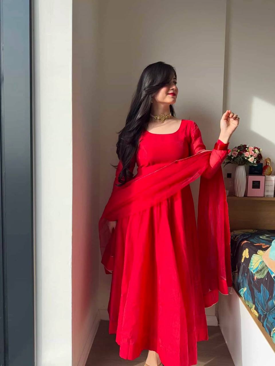 Vibrant Red Tibby Silk Anarkali Salwar Suit Party Wear for Women
