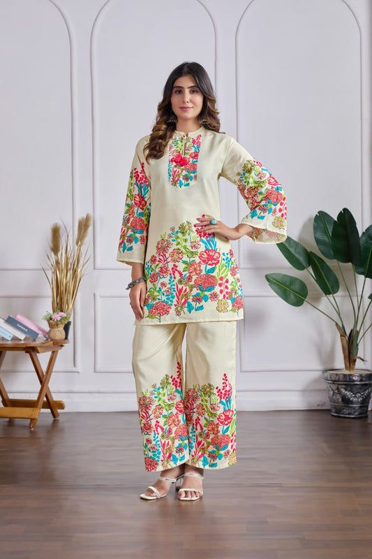 Cream Floral Print Cotton Co-ord Set with Bell Sleeves