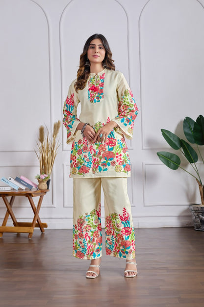Cream Floral Print Cotton Co-ord Set with Bell Sleeves